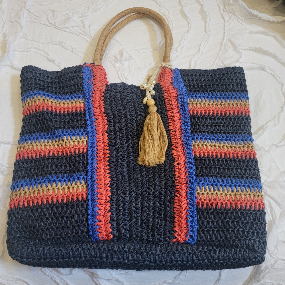 Straw Bag W BOLD Coral And Blue Stripes